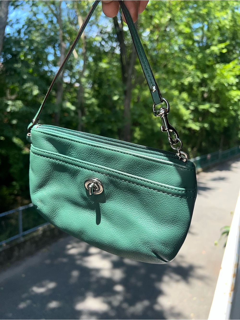 Dark Green Leather Kisslock Coach Wristlet